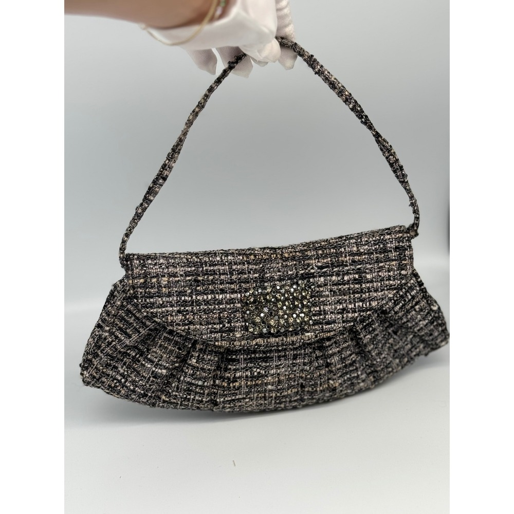 Stuart‎ Weitzman Tweed Shoulder Bag Rhinestone Buckle Y2K Evening Gray Black